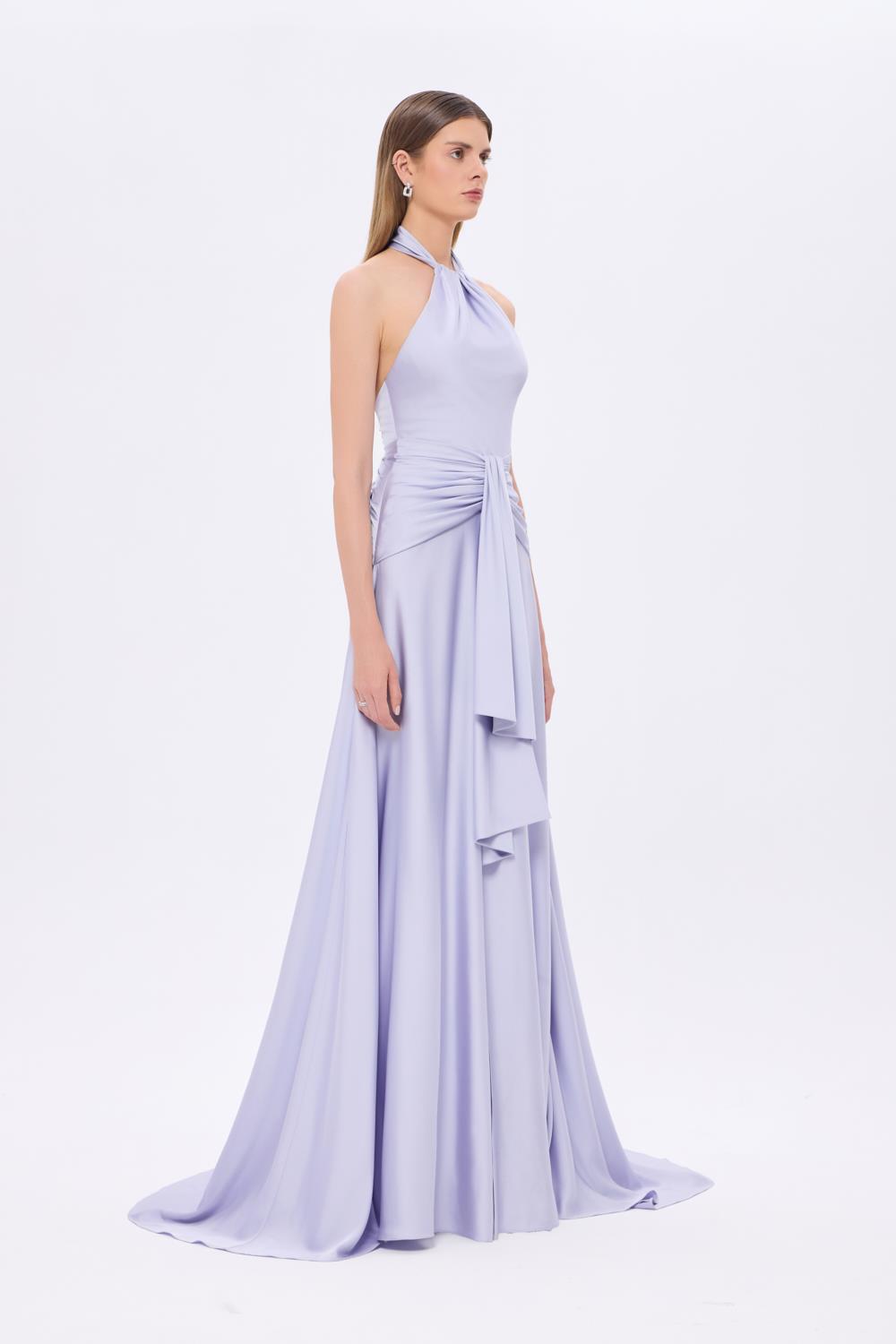 Boyundan Askılı Bel Drape Detaylı Uzun Abiye Elbise - 9253C