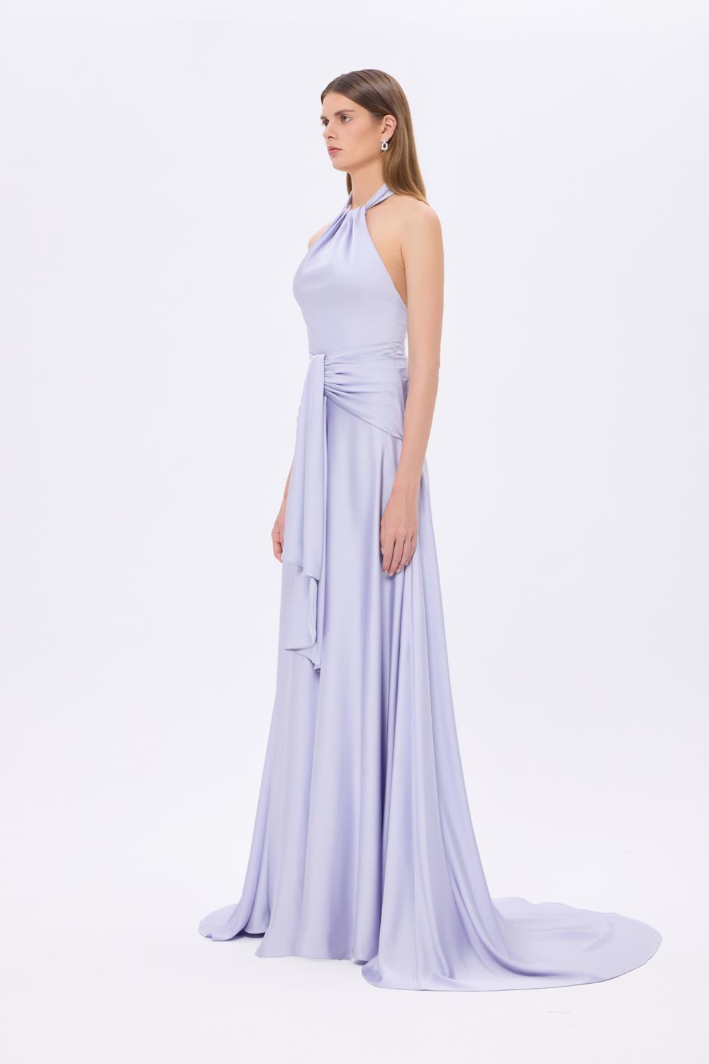 Boyundan Askılı Bel Drape Detaylı Uzun Abiye Elbise - 9253C