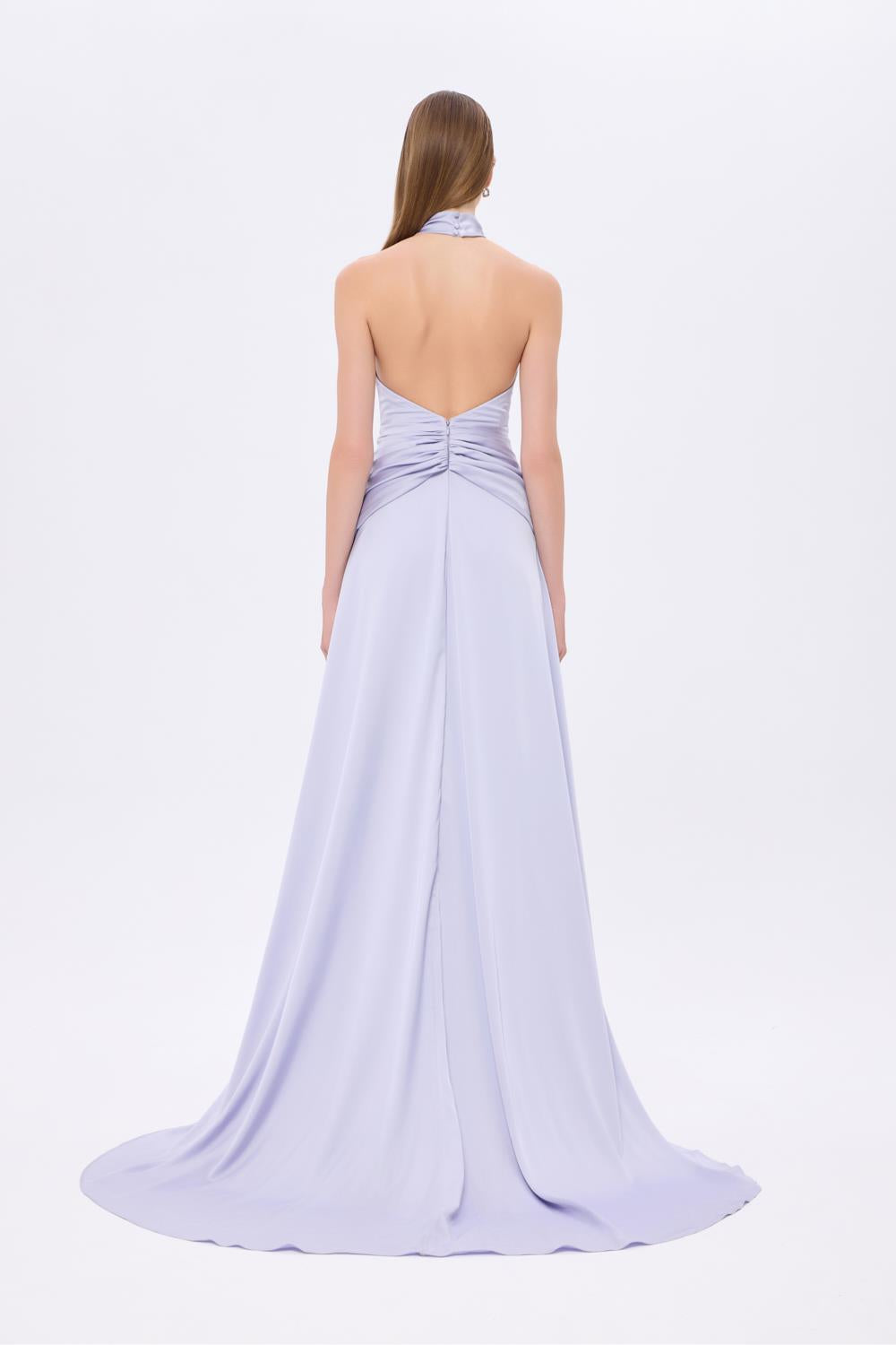 Boyundan Askılı Bel Drape Detaylı Uzun Abiye Elbise - 9253C