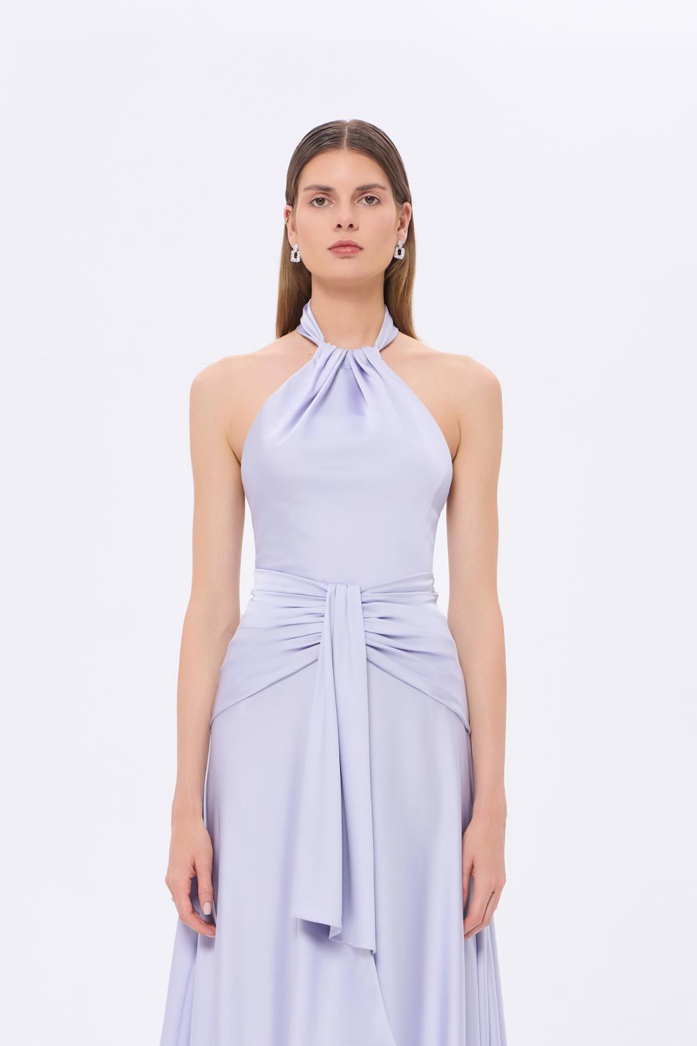 Boyundan Askılı Bel Drape Detaylı Uzun Abiye Elbise - 9253C