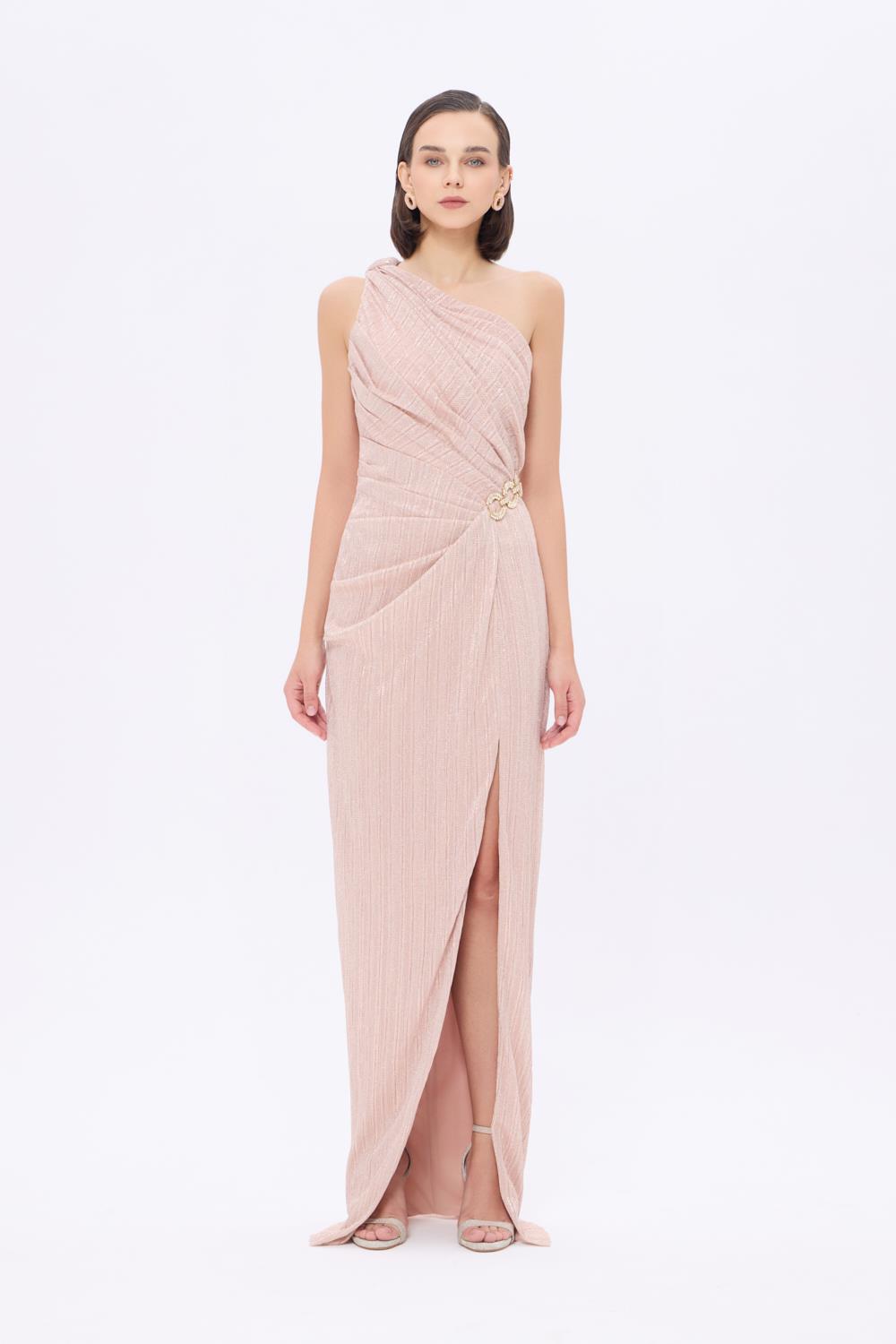 Bel Detaylı Tek Omuz Drapeli Uzun Abiye Elbise - 9263C