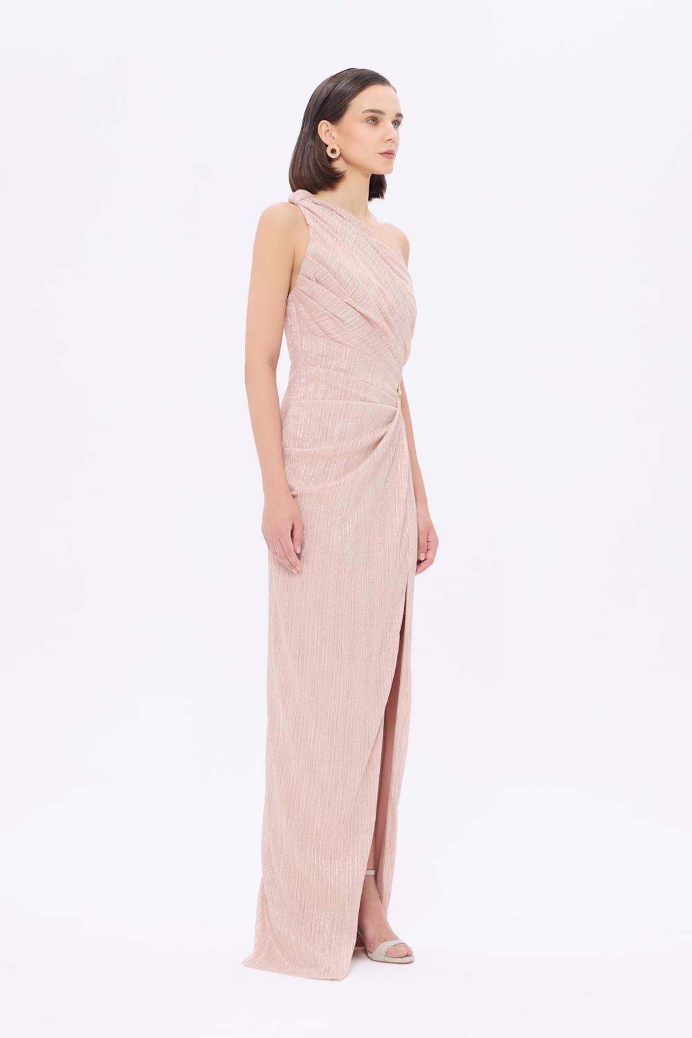 Bel Detaylı Tek Omuz Drapeli Uzun Abiye Elbise - 9263C