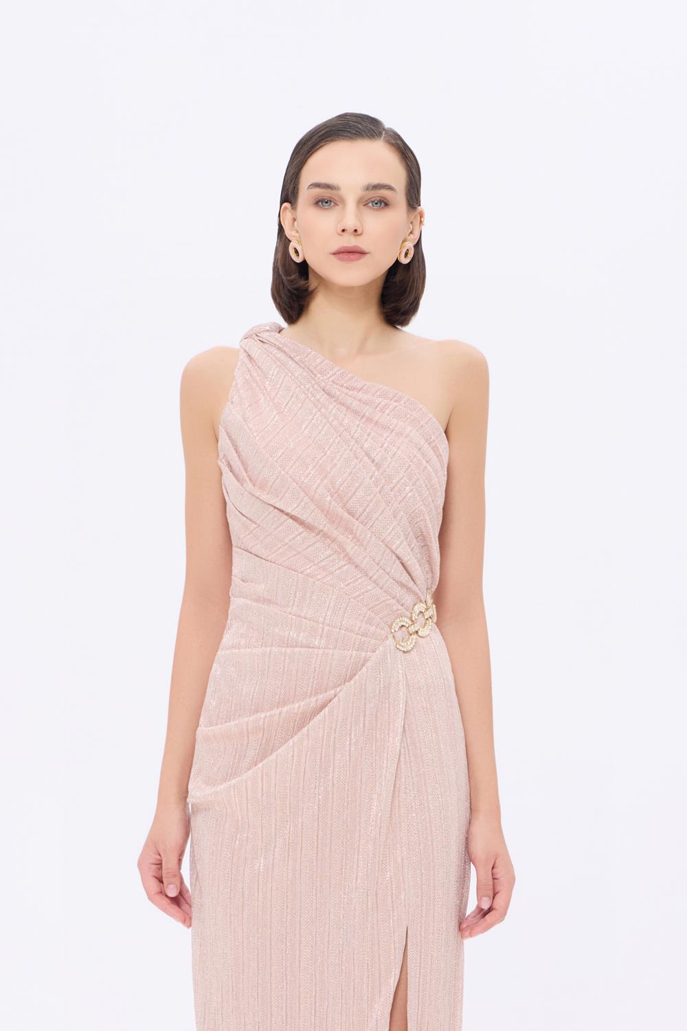 Bel Detaylı Tek Omuz Drapeli Uzun Abiye Elbise - 9263C