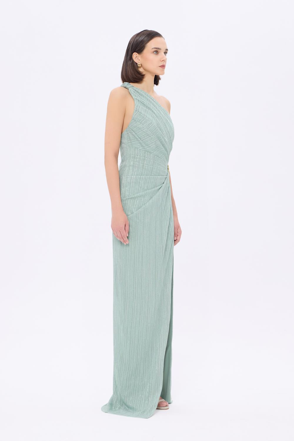 Bel Detaylı Tek Omuz Drapeli Uzun Abiye Elbise - 9263C