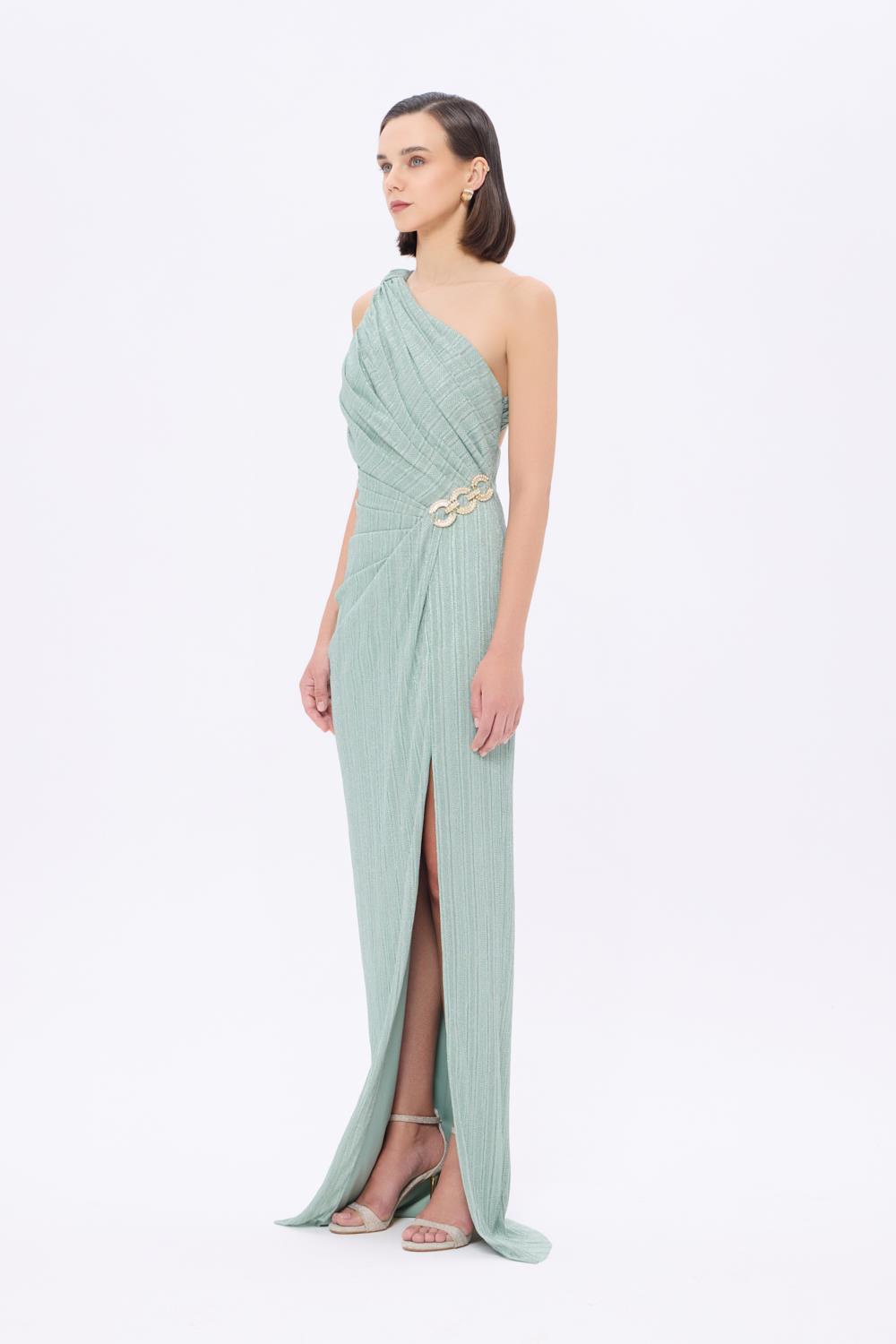 Bel Detaylı Tek Omuz Drapeli Uzun Abiye Elbise - 9263C