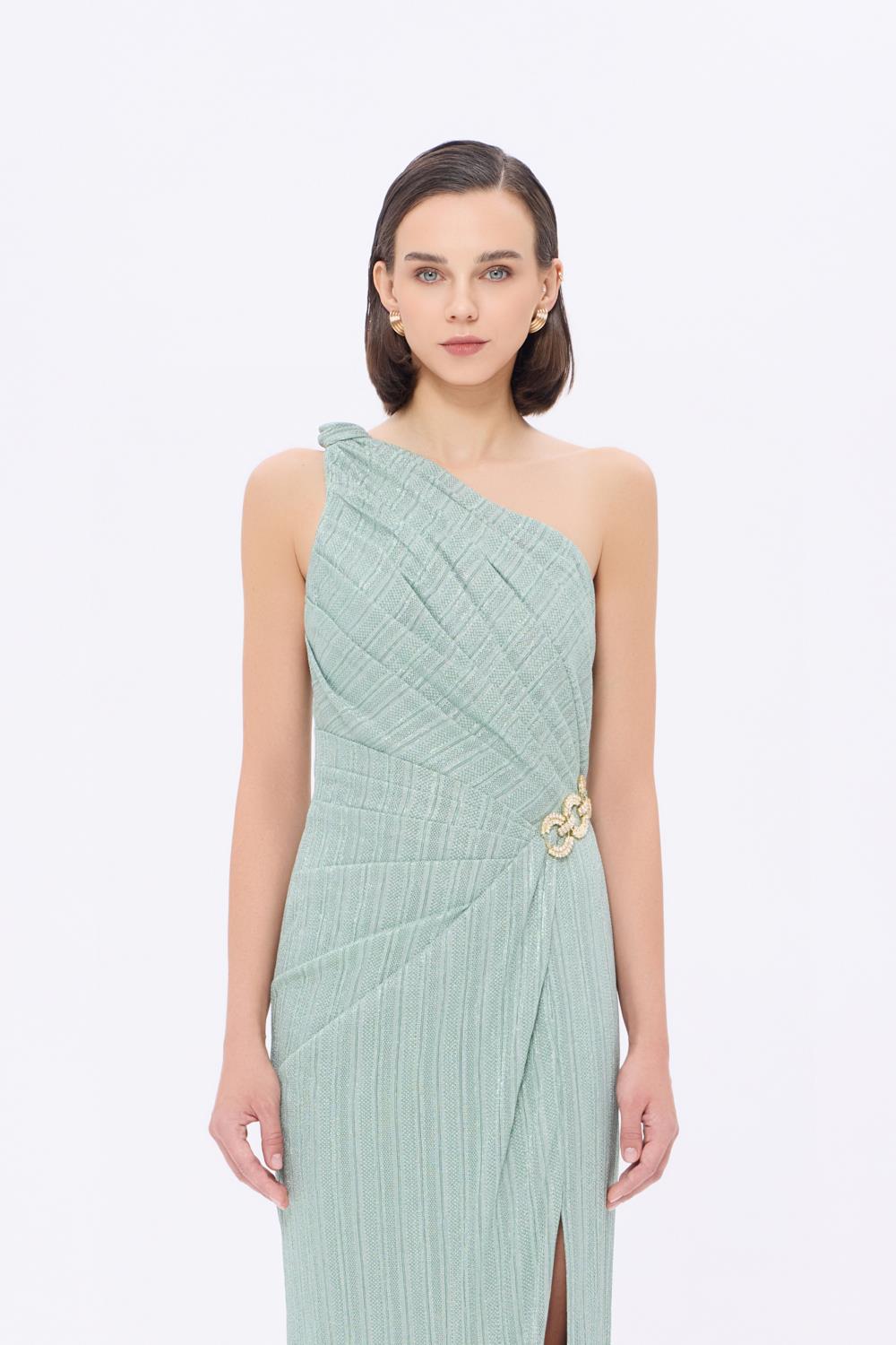 Bel Detaylı Tek Omuz Drapeli Uzun Abiye Elbise - 9263C