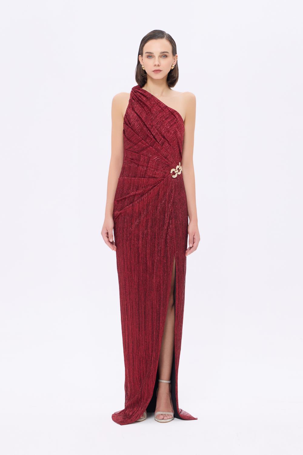 Bel Detaylı Tek Omuz Drapeli Uzun Abiye Elbise - 9263C