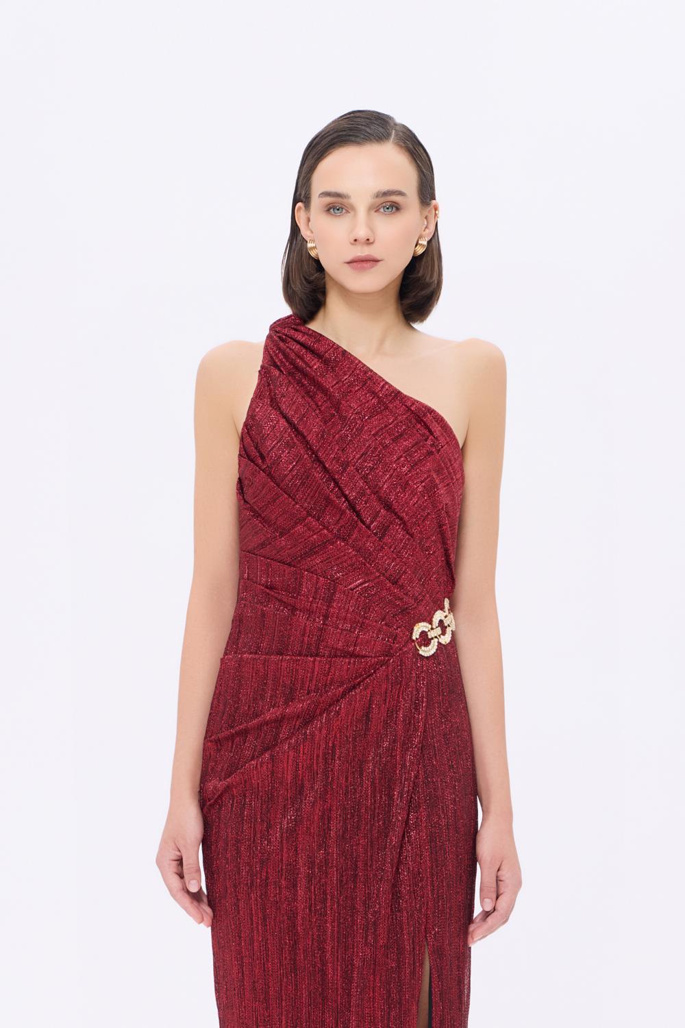 Bel Detaylı Tek Omuz Drapeli Uzun Abiye Elbise - 9263C