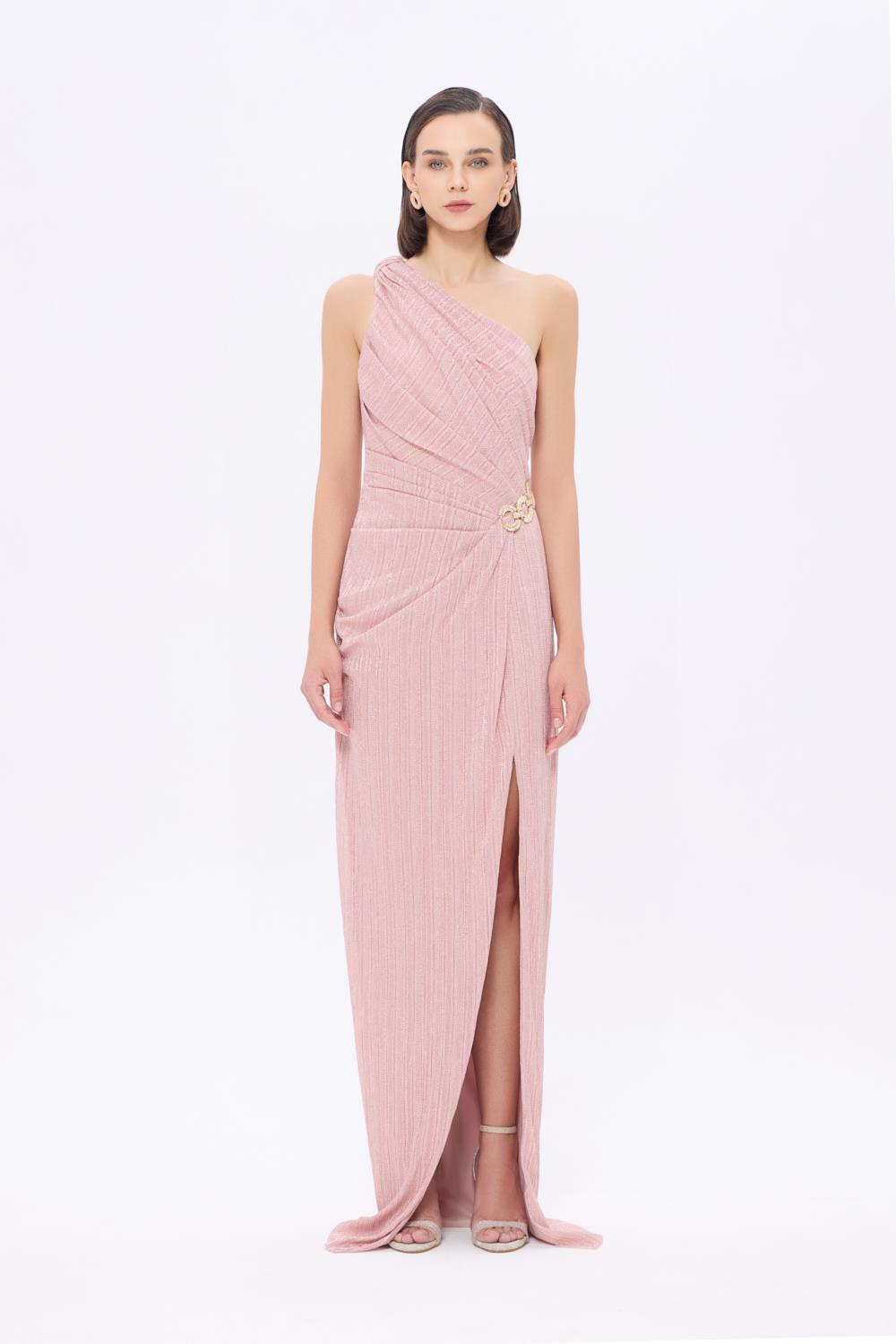 Bel Detaylı Tek Omuz Drapeli Uzun Abiye Elbise - 9263C