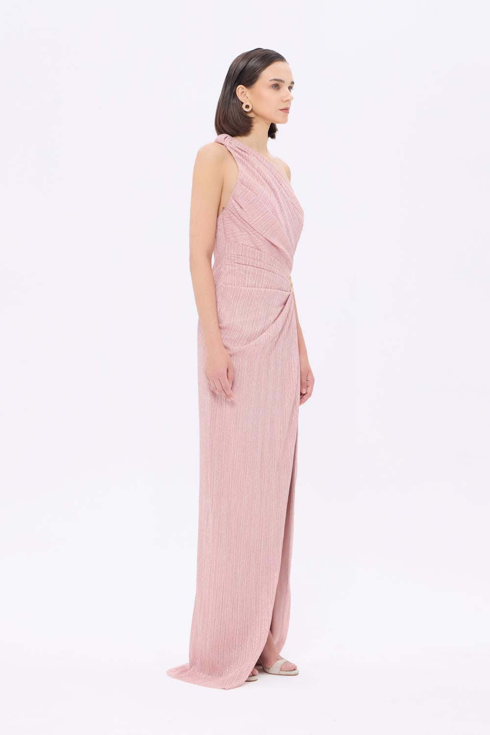 Bel Detaylı Tek Omuz Drapeli Uzun Abiye Elbise - 9263C