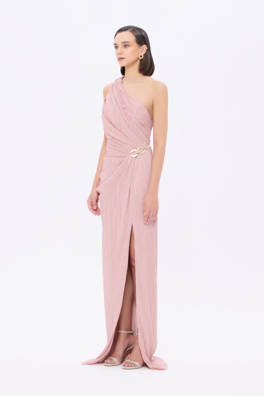 Bel Detaylı Tek Omuz Drapeli Uzun Abiye Elbise - 9263C