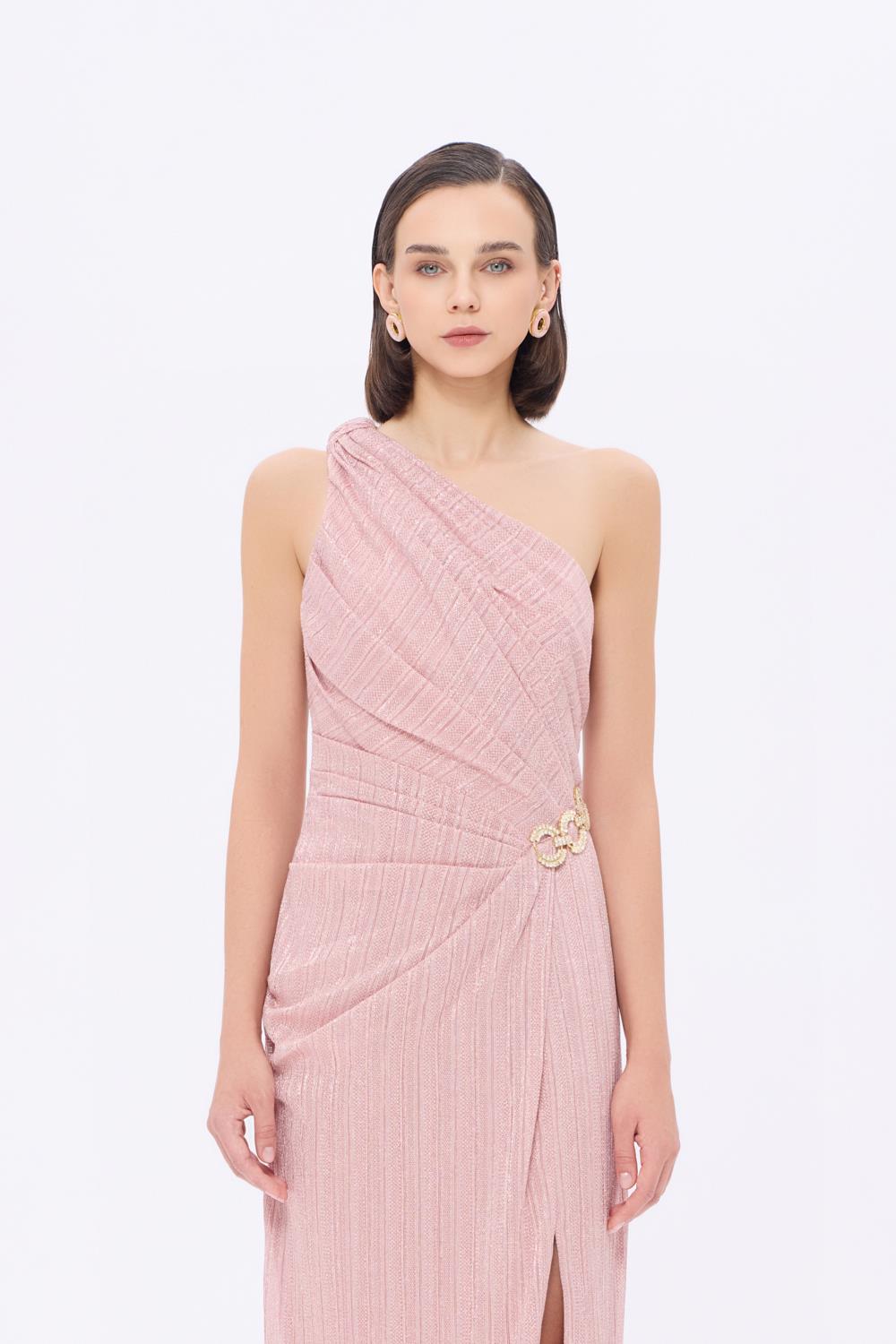 Bel Detaylı Tek Omuz Drapeli Uzun Abiye Elbise - 9263C