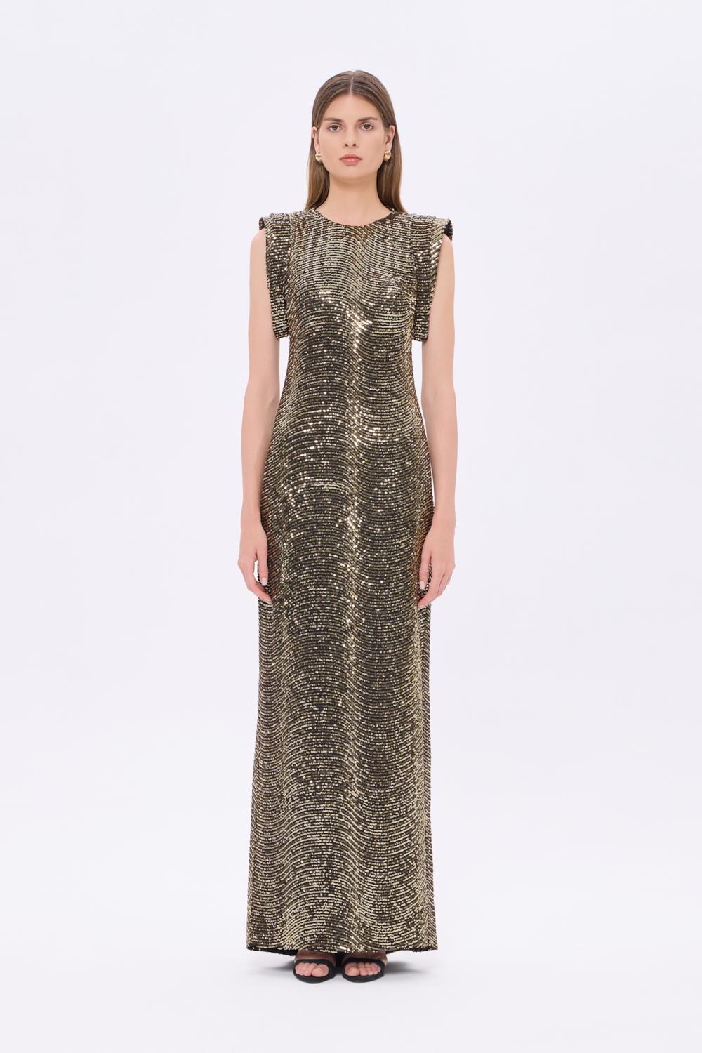 Vatka Detaylı Kolsuz Pullu Uzun Abiye Elbise - 9270C