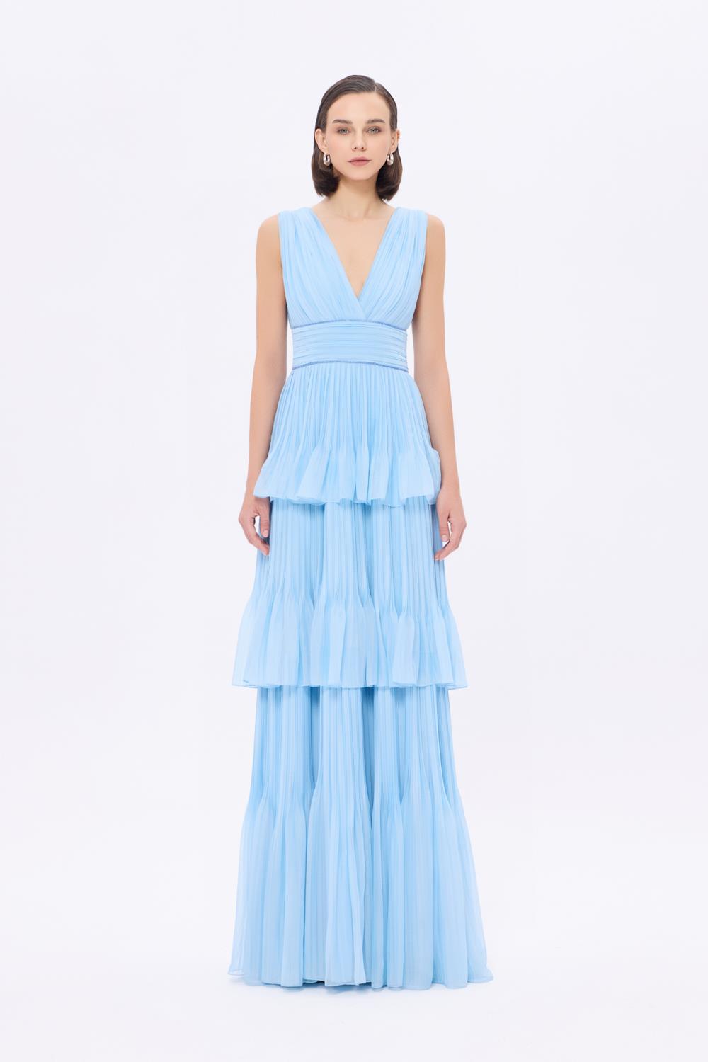 V Yaka Volanlı Şifon Uzun Abiye Elbise - 9274C