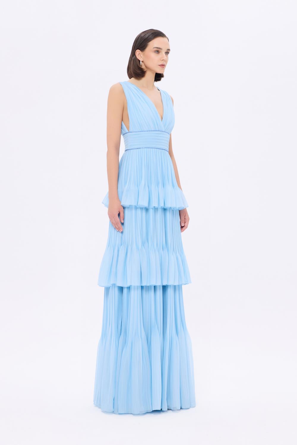 V Yaka Volanlı Şifon Uzun Abiye Elbise - 9274C