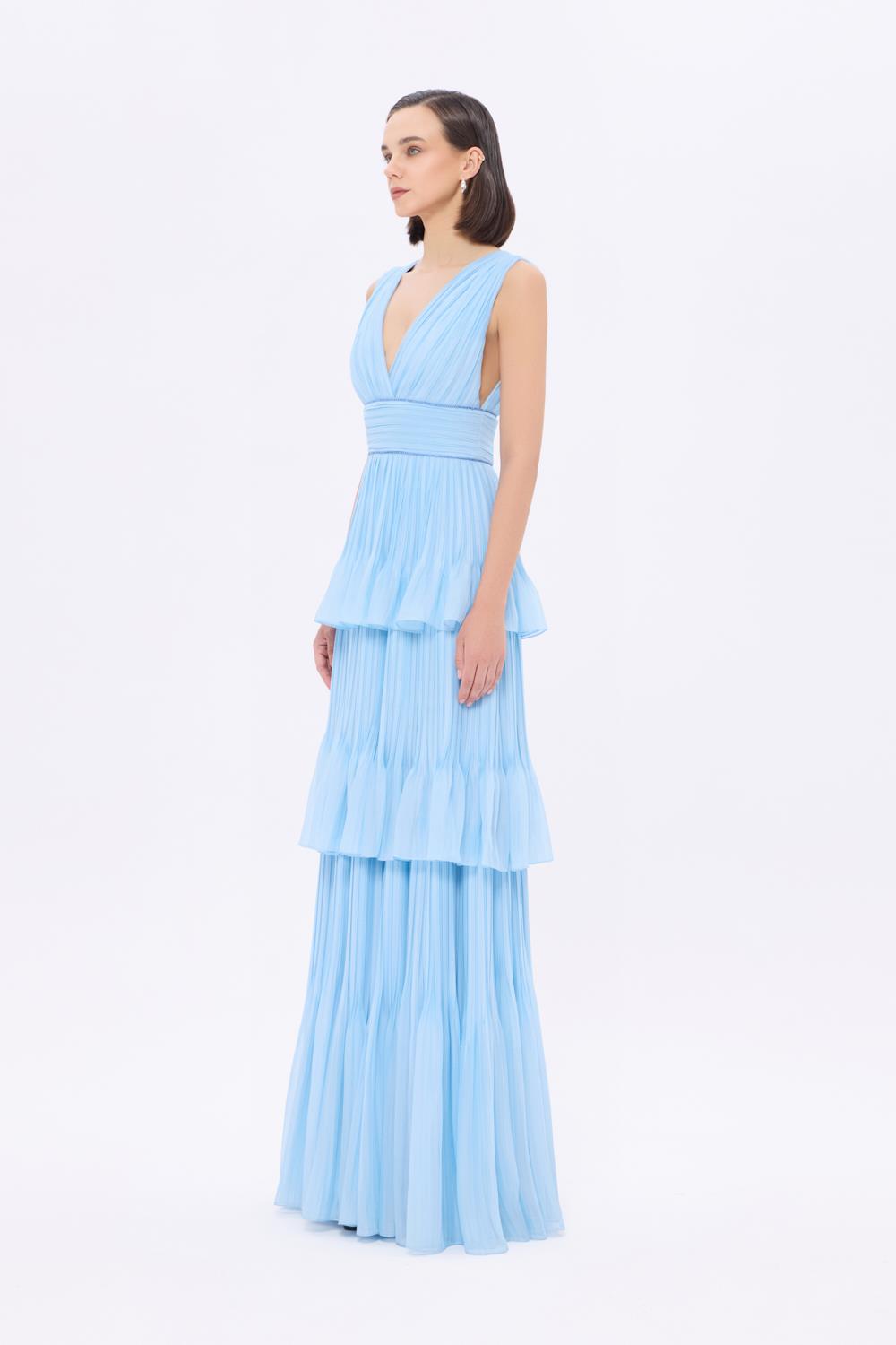 V Yaka Volanlı Şifon Uzun Abiye Elbise - 9274C