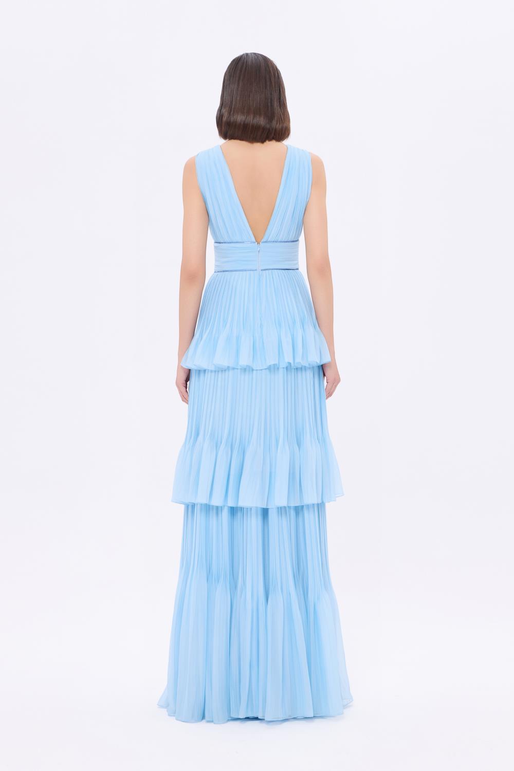 V Yaka Volanlı Şifon Uzun Abiye Elbise - 9274C