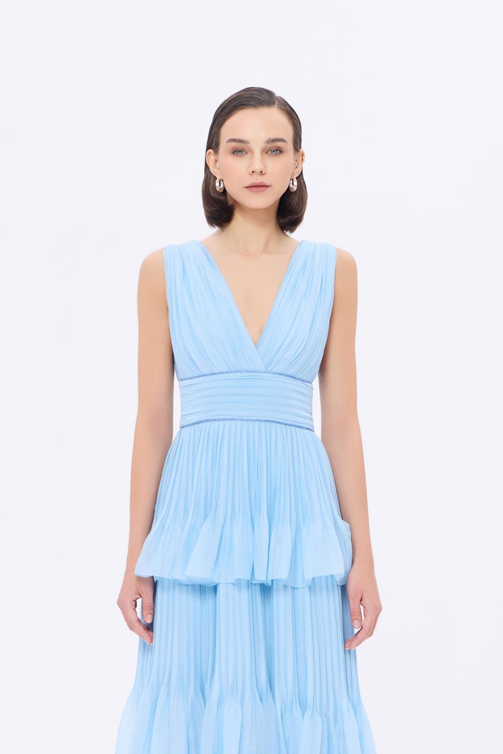 V Yaka Volanlı Şifon Uzun Abiye Elbise - 9274C