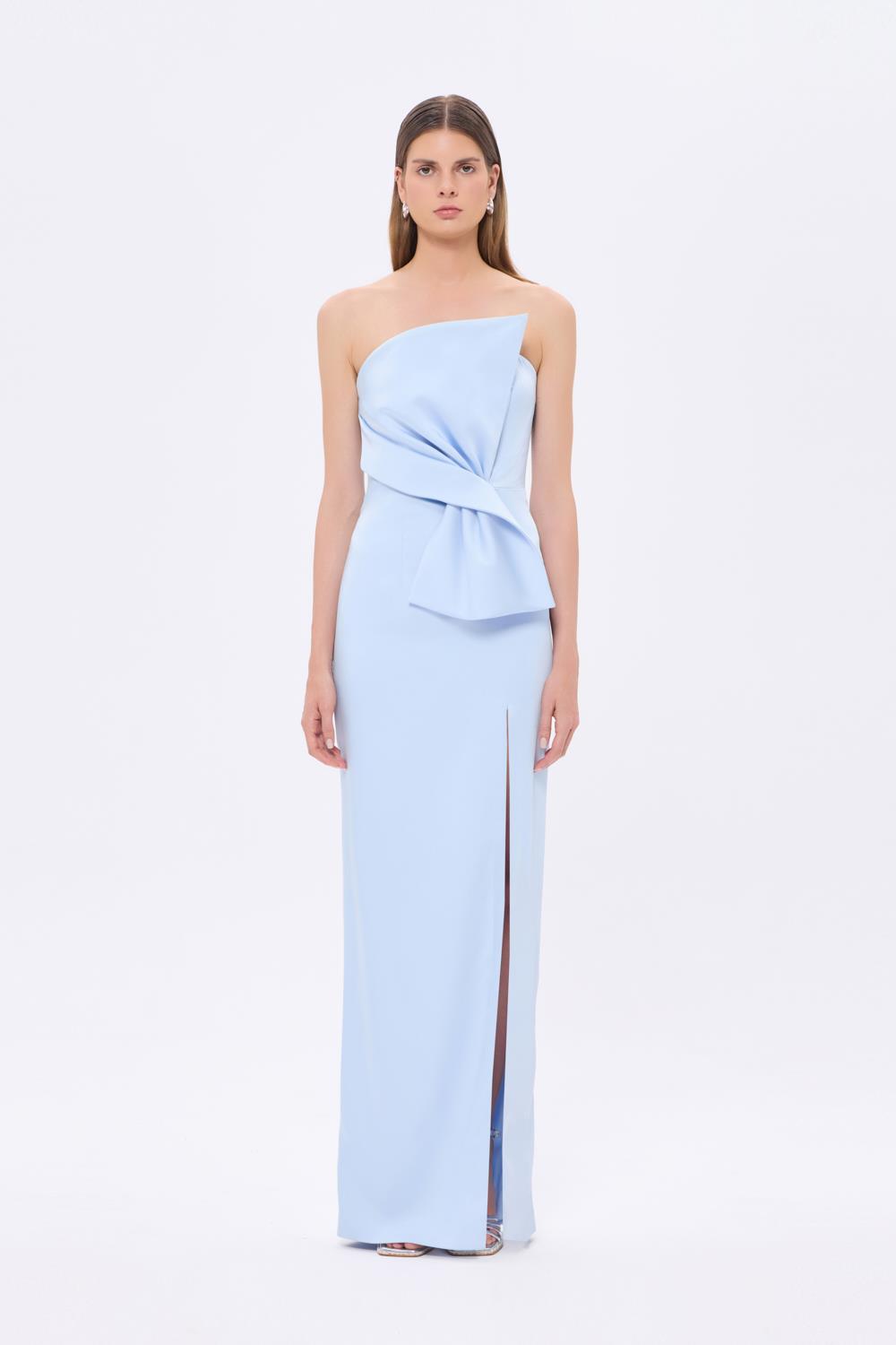 Straplez Yaka Yırtmaçlı Saten Uzun Abiye Elbise - 9281C