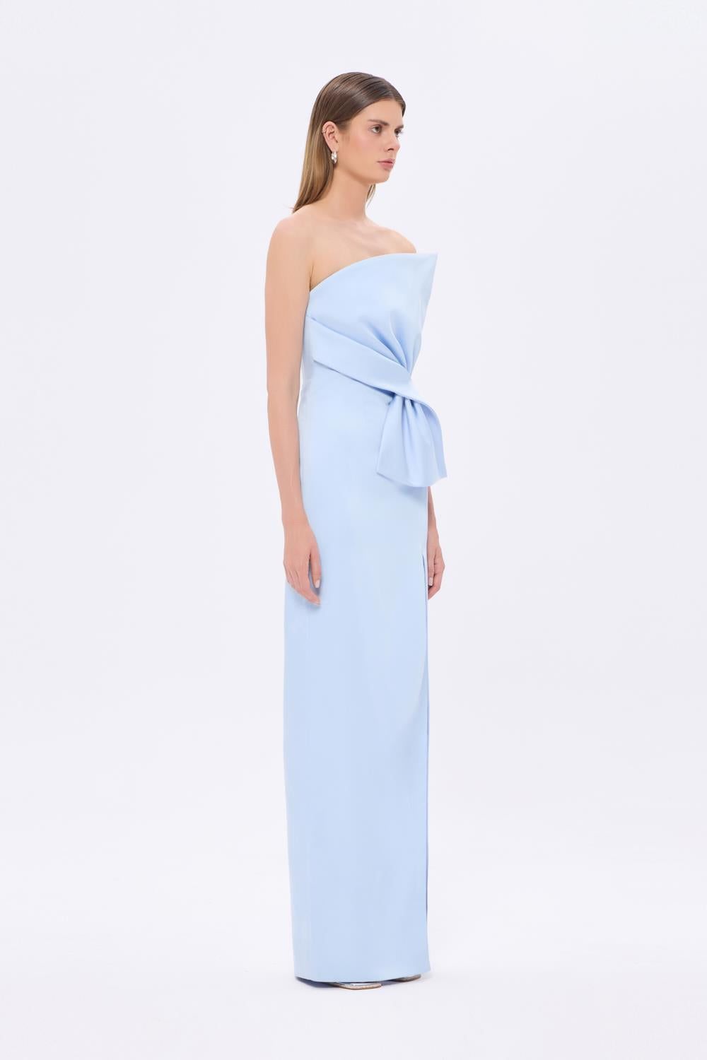 Straplez Yaka Yırtmaçlı Saten Uzun Abiye Elbise - 9281C