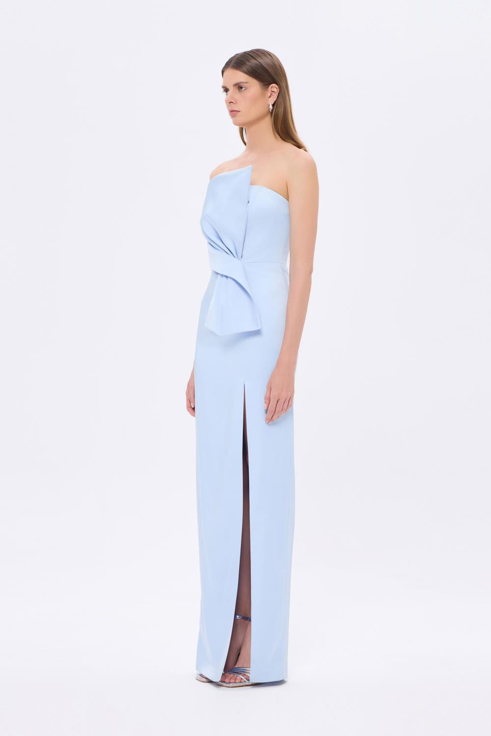 Straplez Yaka Yırtmaçlı Saten Uzun Abiye Elbise - 9281C