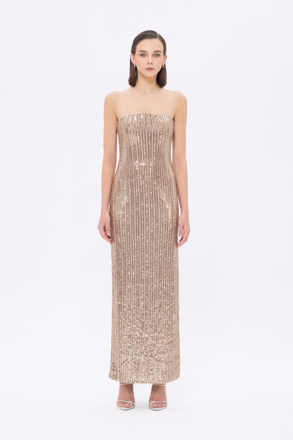 Straplez Yaka Yırtmaçlı Payet Uzun Abiye Elbise - 9293C