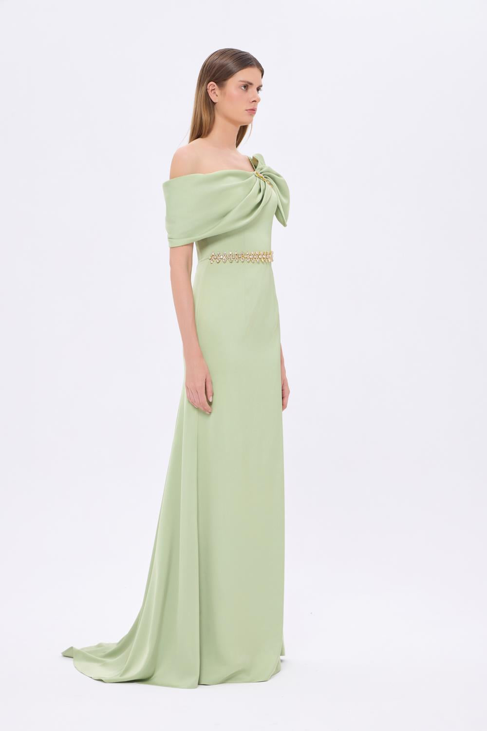 Taş İşlemeli Kemer Detaylı Uzun Abiye Elbise - 9294C