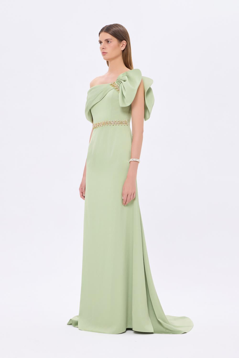 Taş İşlemeli Kemer Detaylı Uzun Abiye Elbise - 9294C