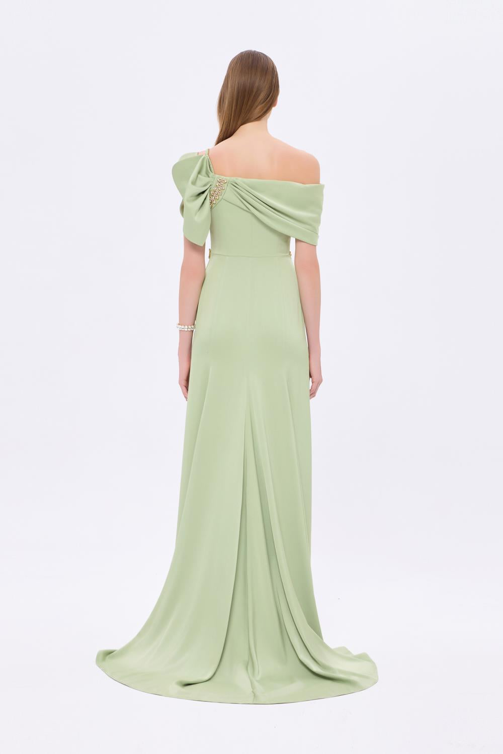 Taş İşlemeli Kemer Detaylı Uzun Abiye Elbise - 9294C