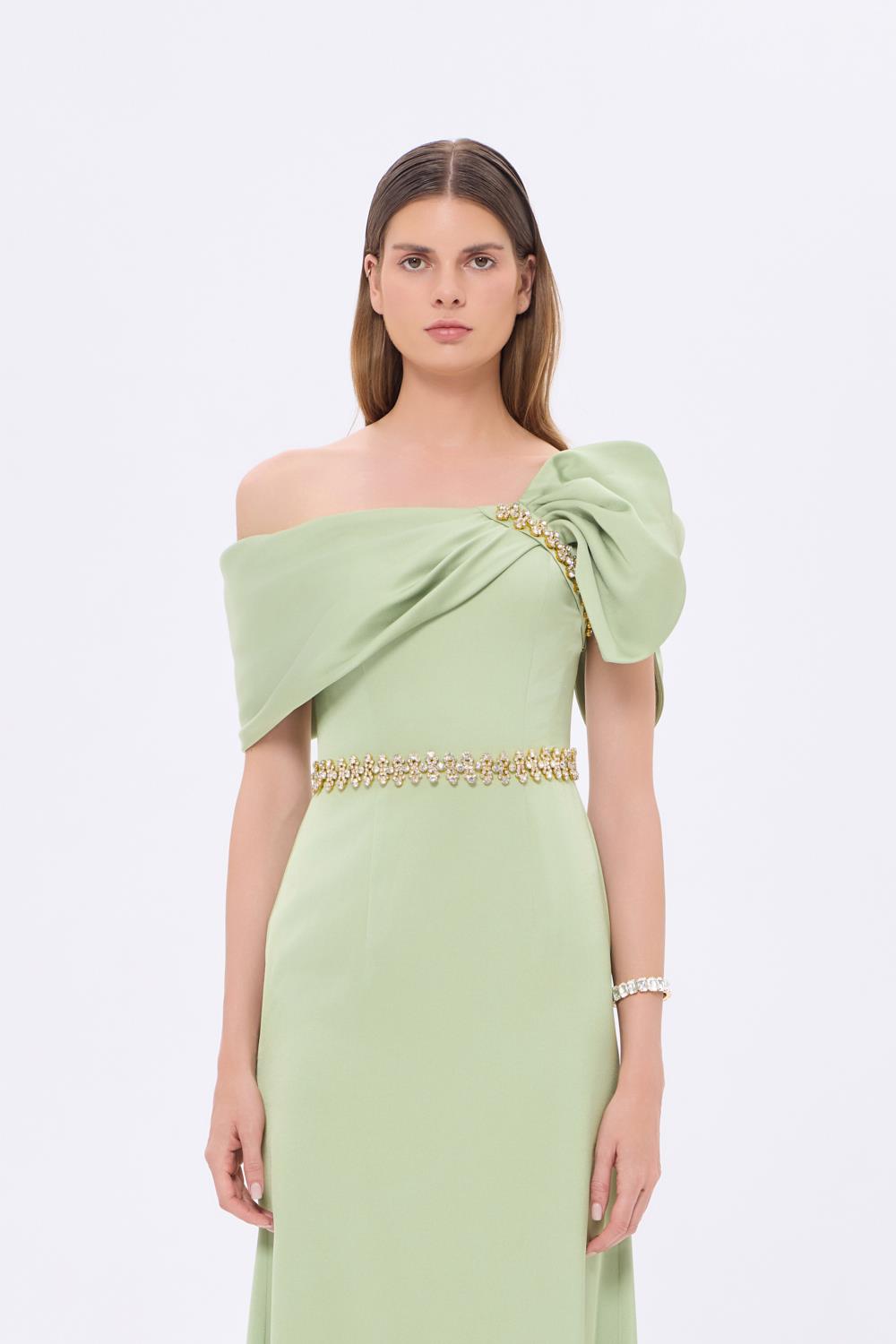 Taş İşlemeli Kemer Detaylı Uzun Abiye Elbise - 9294C