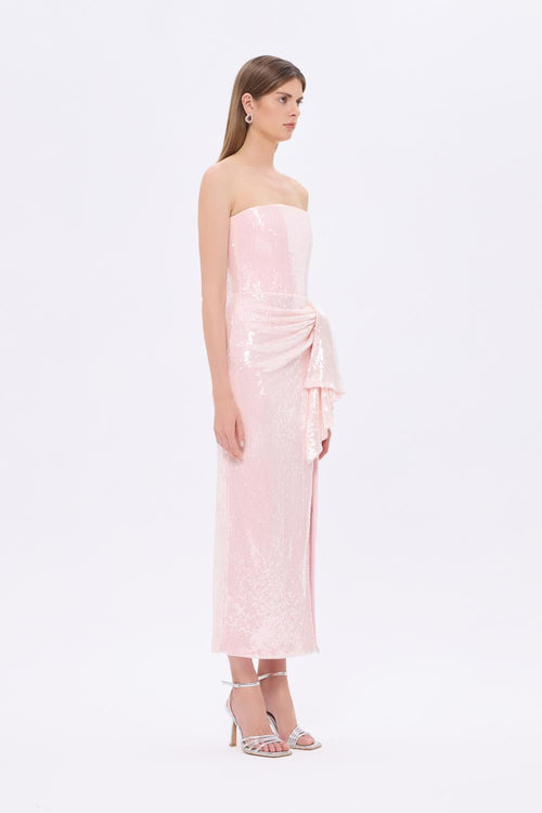 Bel Drape Detaylı Straplez Midi Abiye Elbise - 9295C