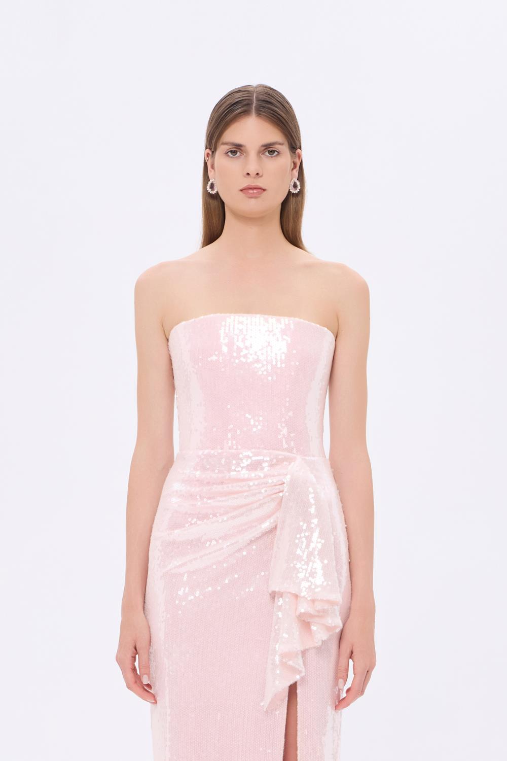 Bel Drape Detaylı Straplez Midi Abiye Elbise - 9295C