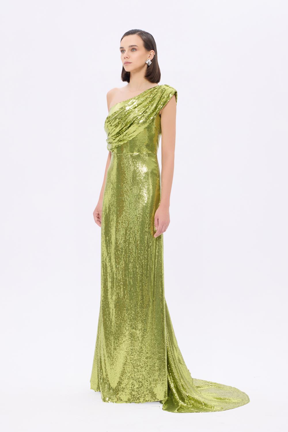 Asimetrik Yaka Payetli Uzun Abiye Elbise - 9305C