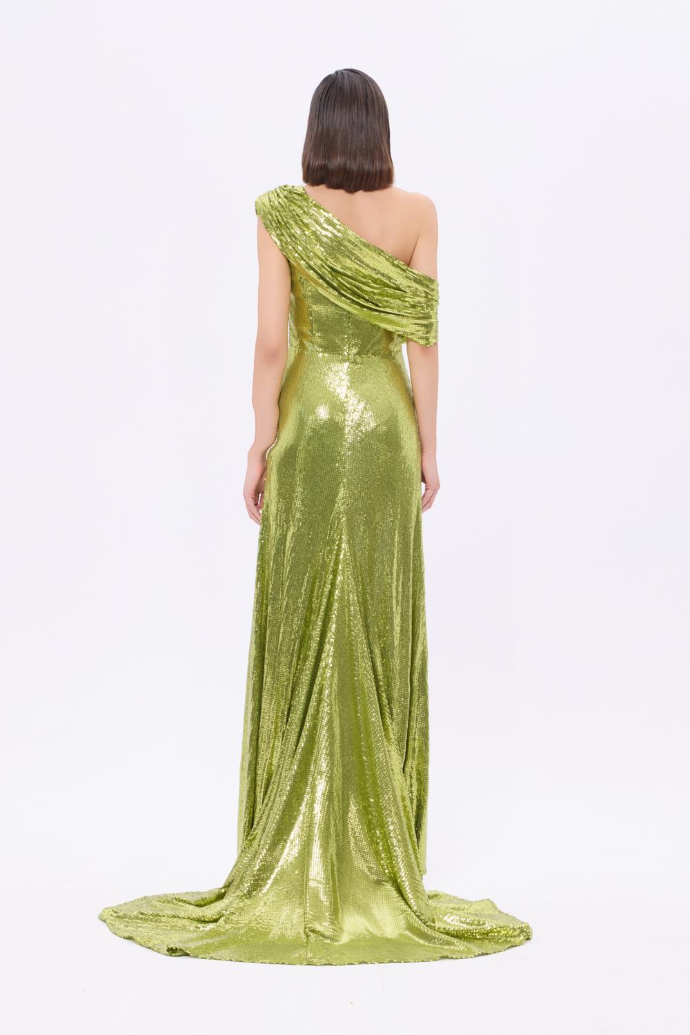 Asimetrik Yaka Payetli Uzun Abiye Elbise - 9305C