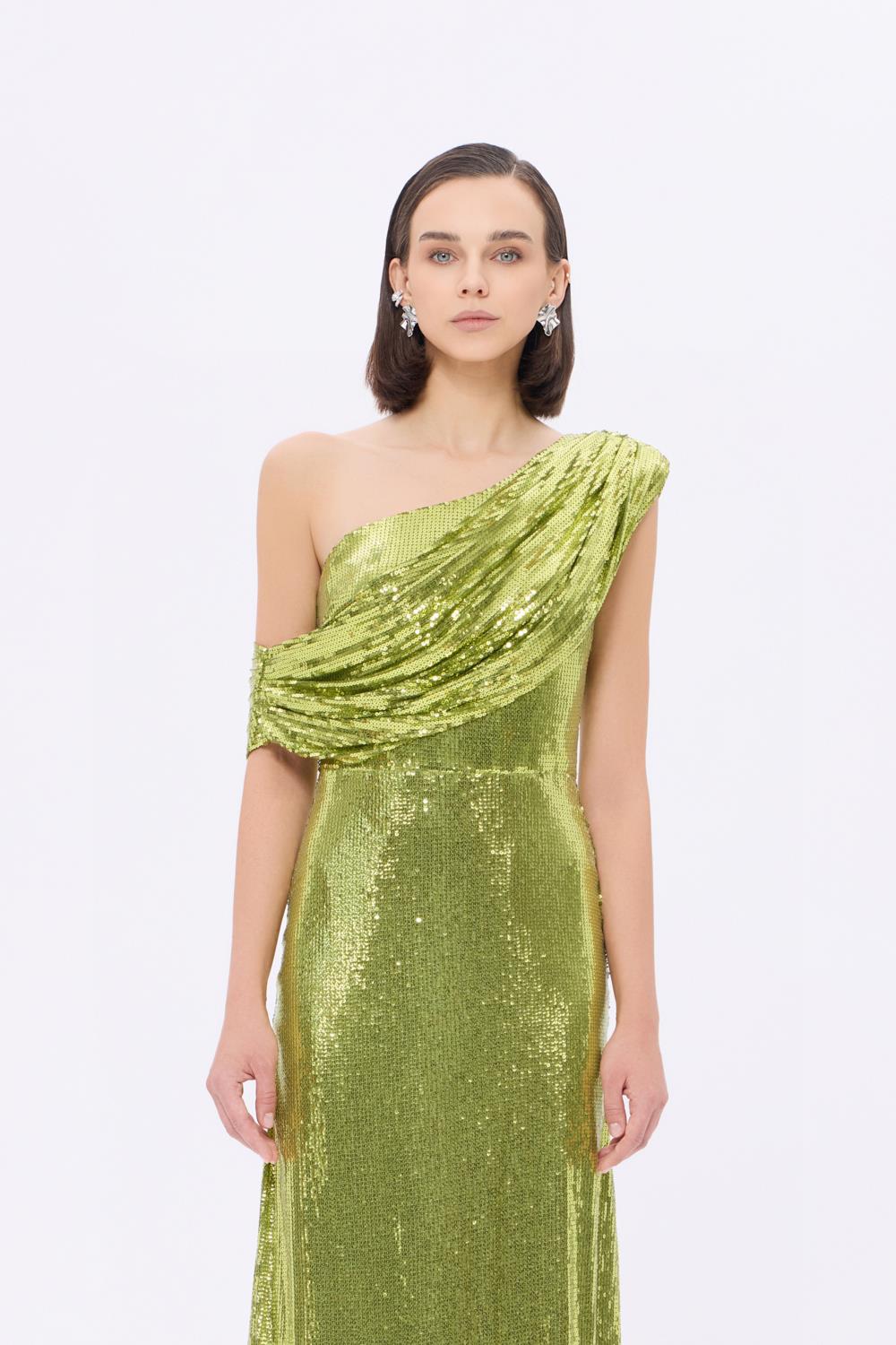 Asimetrik Yaka Payetli Uzun Abiye Elbise - 9305C