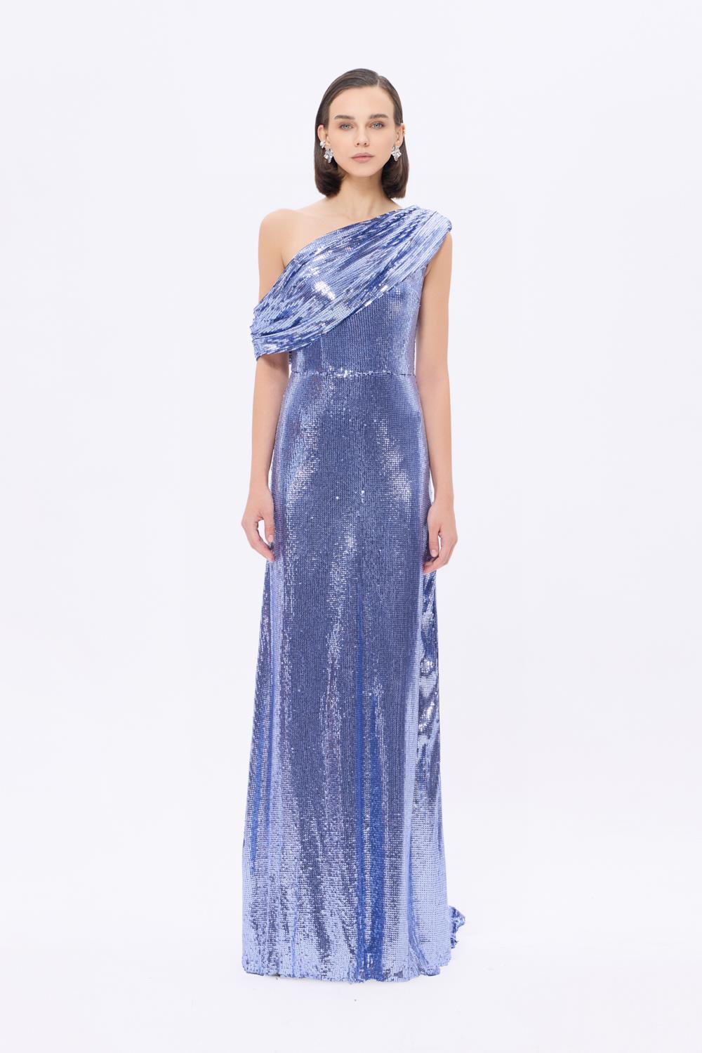 Asimetrik Yaka Payetli Uzun Abiye Elbise - 9305C