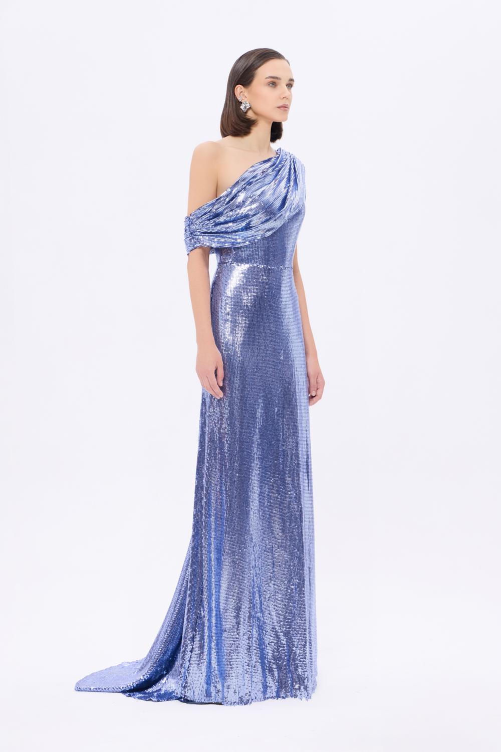 Asimetrik Yaka Payetli Uzun Abiye Elbise - 9305C