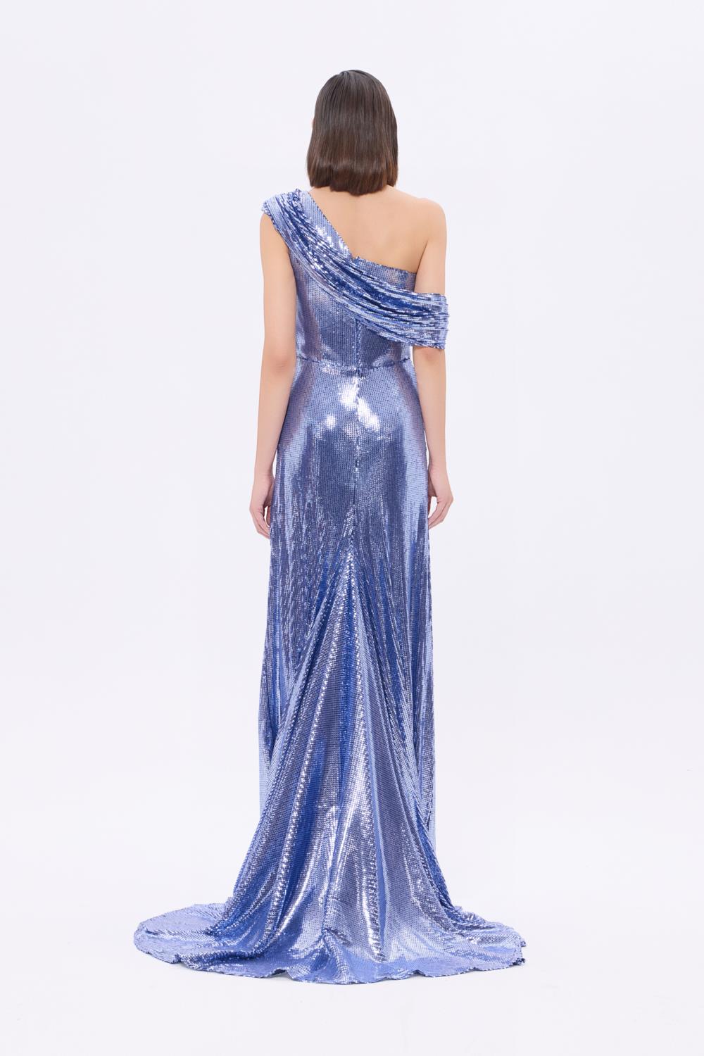 Asimetrik Yaka Payetli Uzun Abiye Elbise - 9305C