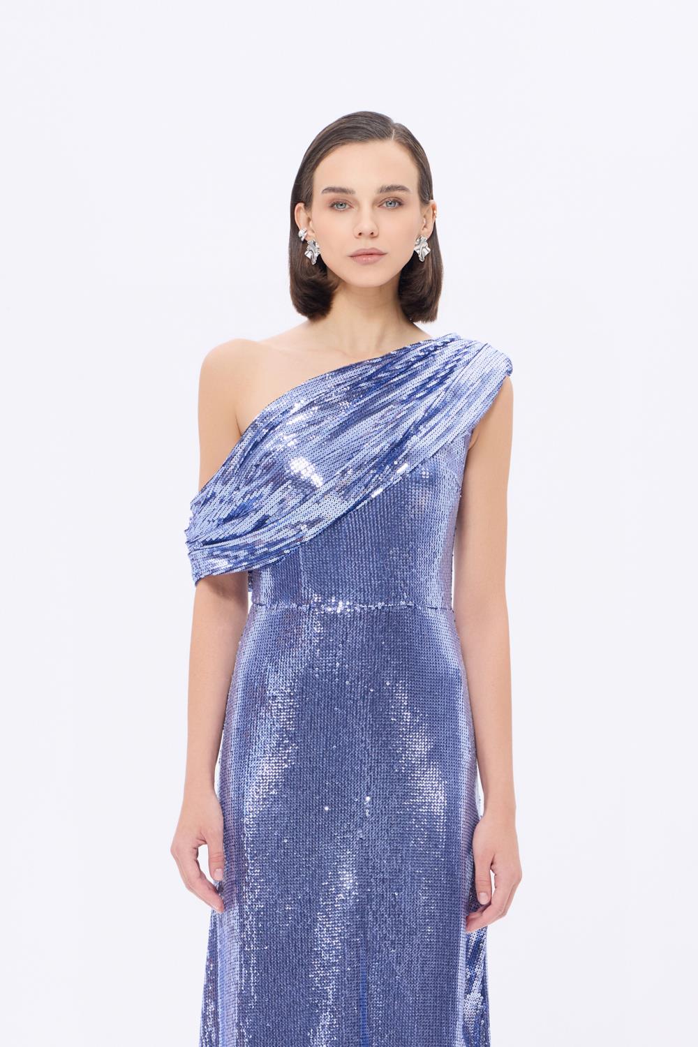 Asimetrik Yaka Payetli Uzun Abiye Elbise - 9305C