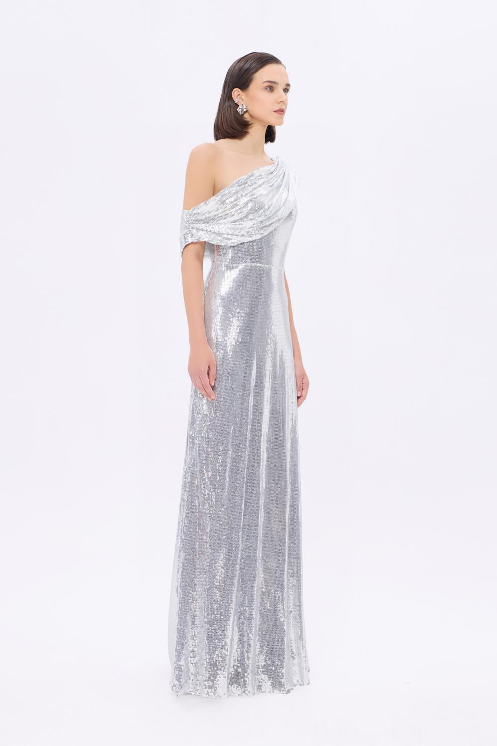 Asimetrik Yaka Payetli Uzun Abiye Elbise - 9305C