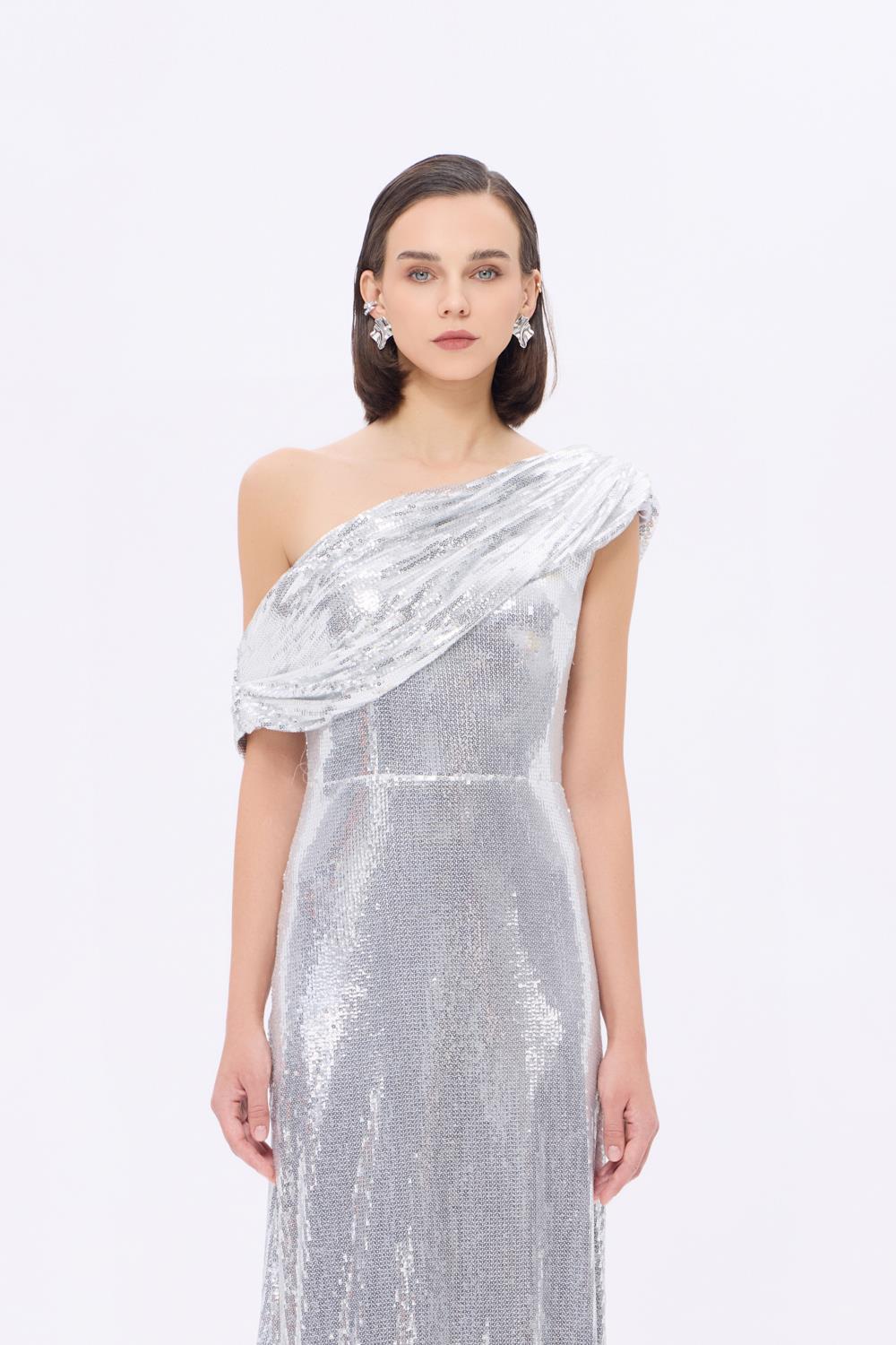 Asimetrik Yaka Payetli Uzun Abiye Elbise - 9305C