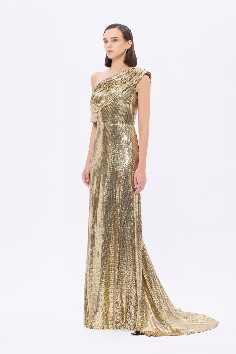 Asimetrik Yaka Payetli Uzun Abiye Elbise - 9305C