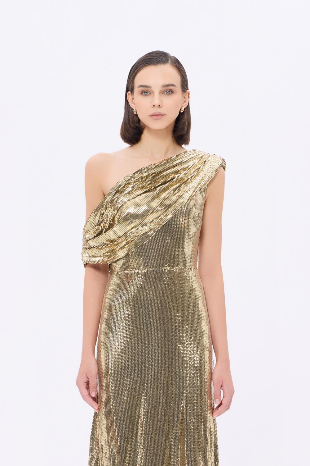 Asimetrik Yaka Payetli Uzun Abiye Elbise - 9305C