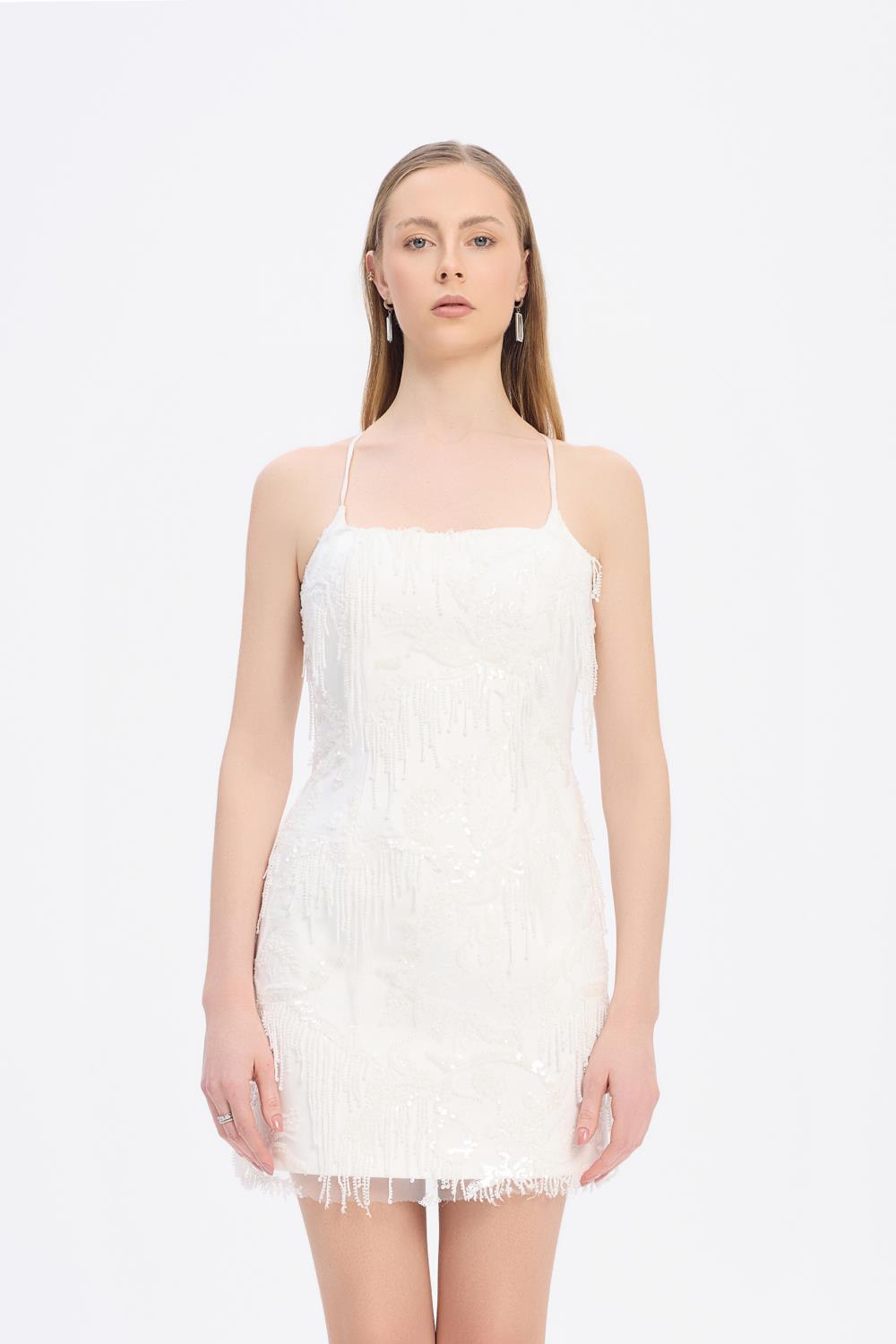 Taş İşlemeli Boyundan Askılı Mini Abiye Elbise - 9339C