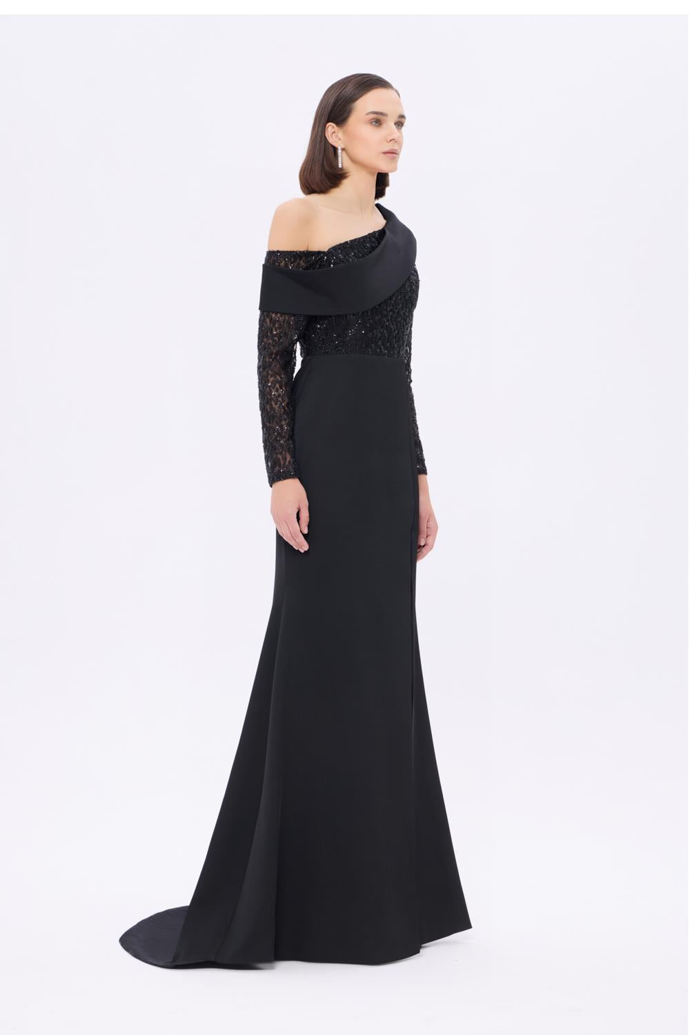 İşleme Detaylı Asimetrik Yaka Uzun Abiye Elbise - 9342AC