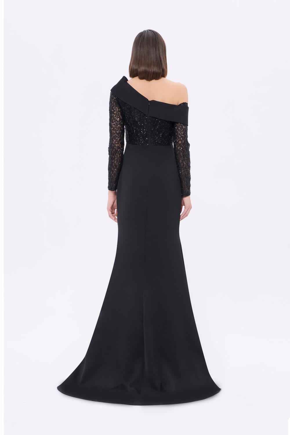 İşleme Detaylı Asimetrik Yaka Uzun Abiye Elbise - 9342AC