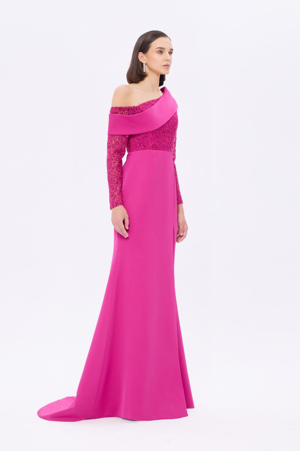 İşleme Detaylı Asimetrik Yaka Uzun Abiye Elbise - 9342AC