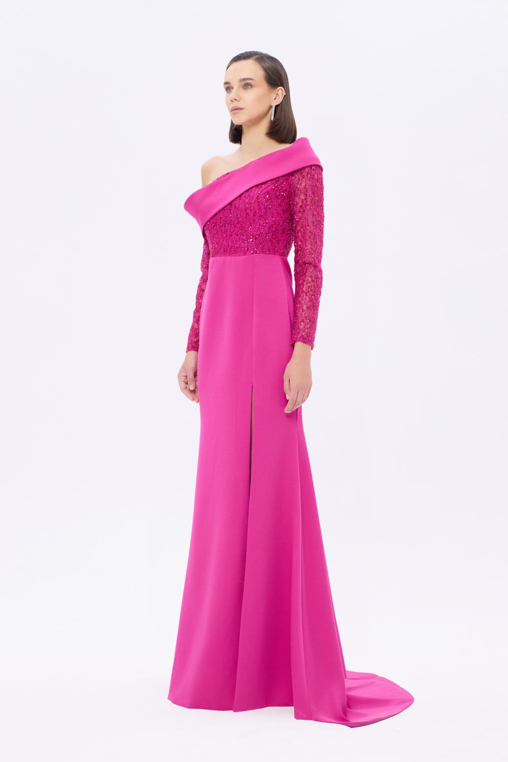 İşleme Detaylı Asimetrik Yaka Uzun Abiye Elbise - 9342AC