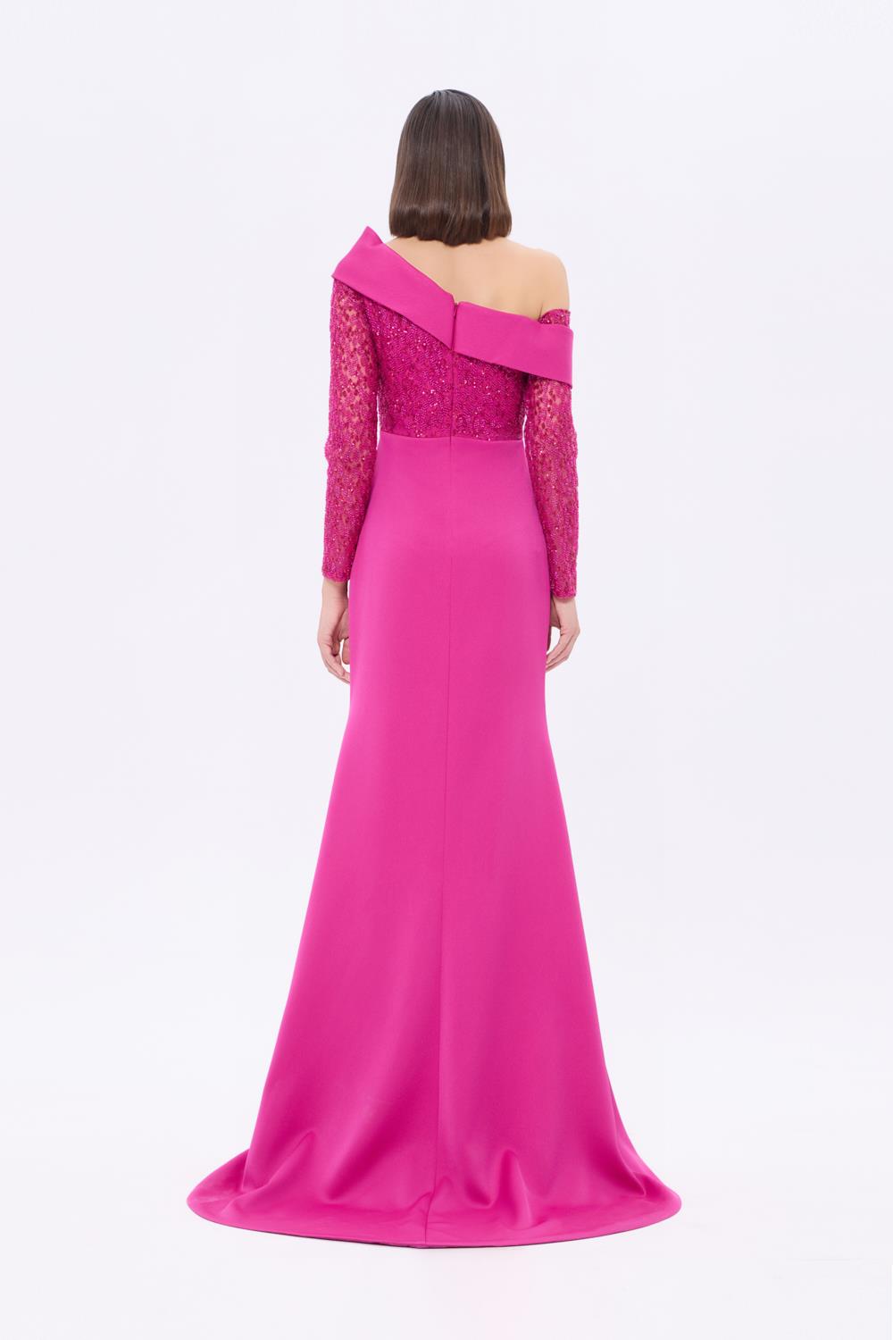 İşleme Detaylı Asimetrik Yaka Uzun Abiye Elbise - 9342AC