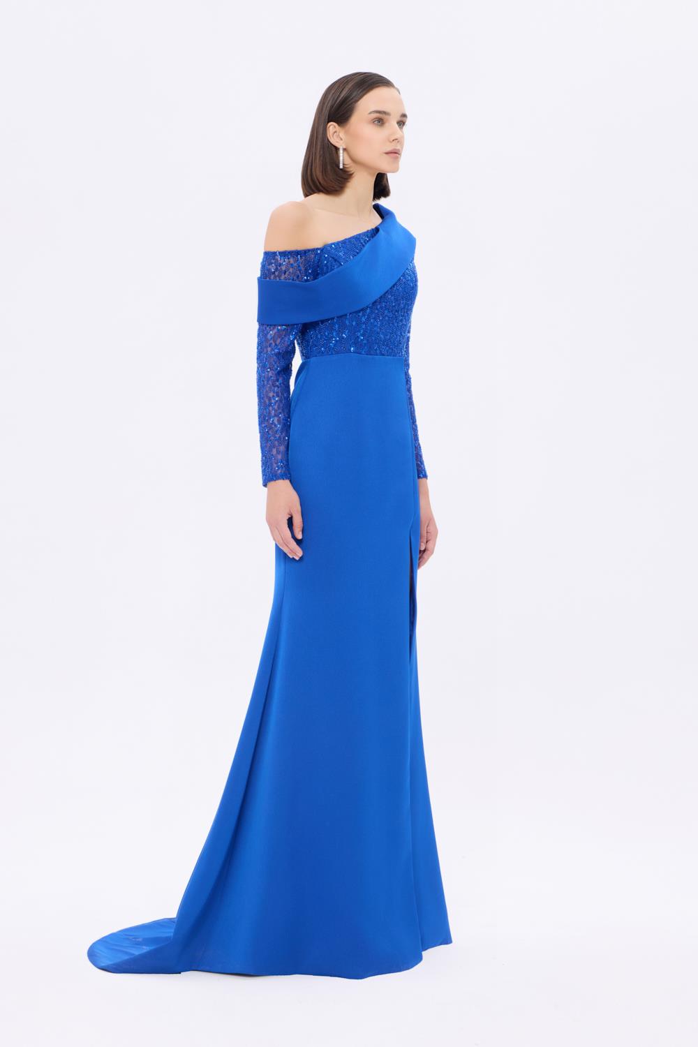 İşleme Detaylı Asimetrik Yaka Uzun Abiye Elbise - 9342AC